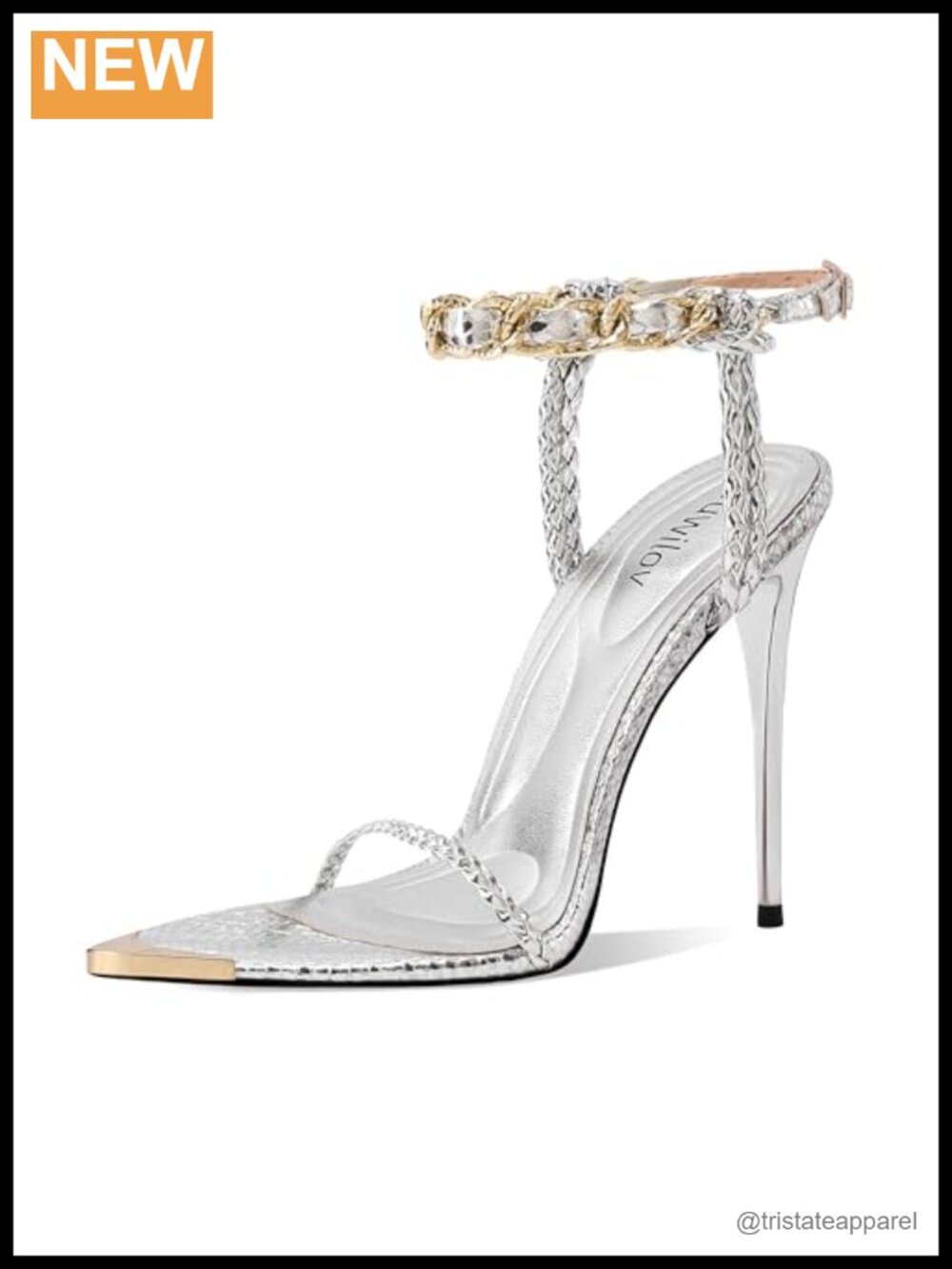 Polyurethane (PU) Metallic Braided Chain Ankle Strap Open Toe High Heel Sandals